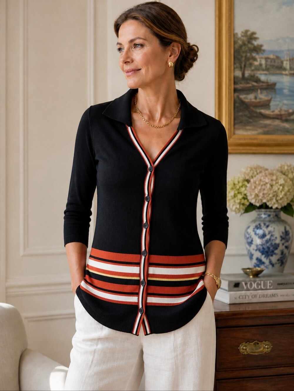 Sonia Rykiel Paris Striped Cardigan Cotton Designer Navy Stripe Old Money Sz S